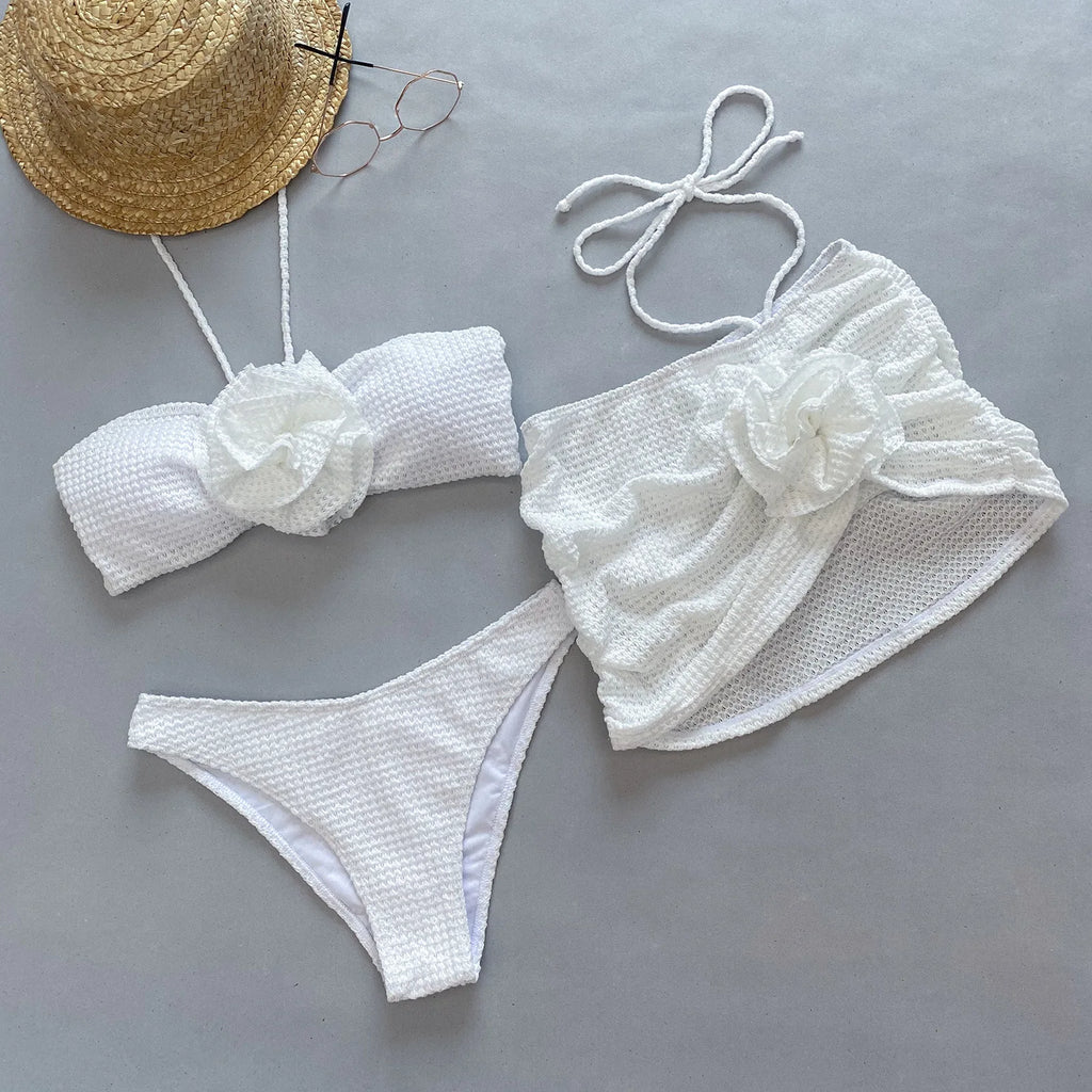 Women’s 2025 Floral 3‑Piece Bikini Set – Solid Bandage Swimsuit with Matching Cover‑Up