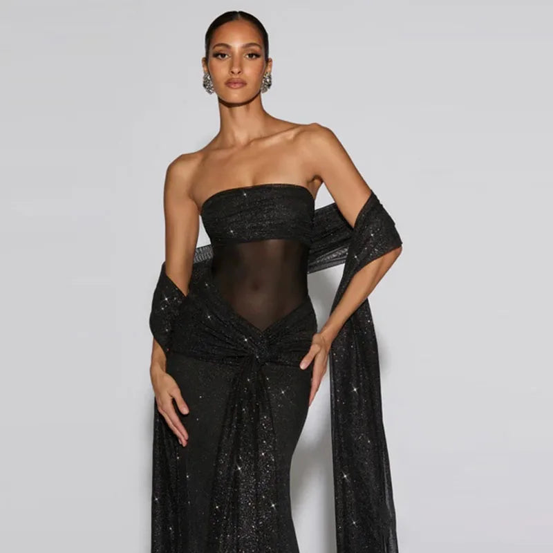 Sexy Ribbon Sparkle Strapless Draped Maxi Dress Women Sleeveless Backless Bodycon Long Dresses 2025 New Lady Club Party Robes