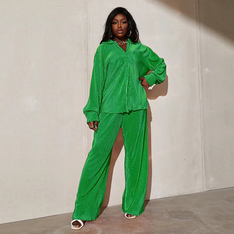 CM.YAYA Street Women's Set Long Sleeve Shirt Tops and Wide Leg Pants Elegant Tracksuit Two Piece Set Sweatsuit Fitness Outfits