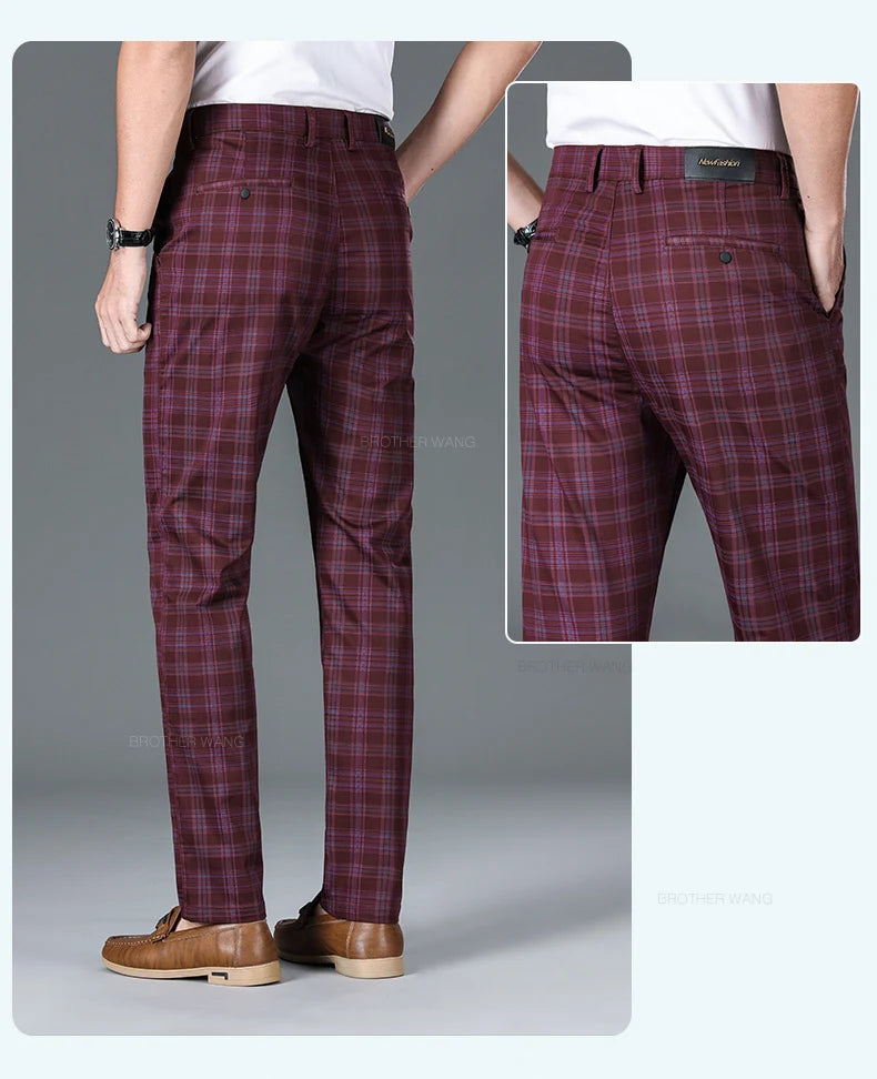 Slim‑Fit Plaid Cotton Pants