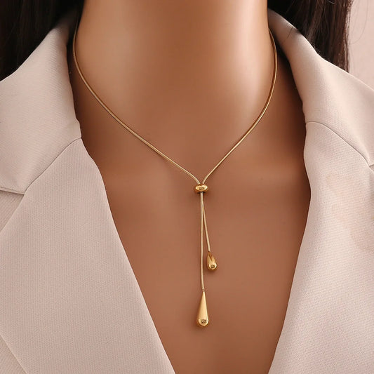 Gold Stainless Steel Water Drop Tassel Necklace – Women’s Fashion Chain