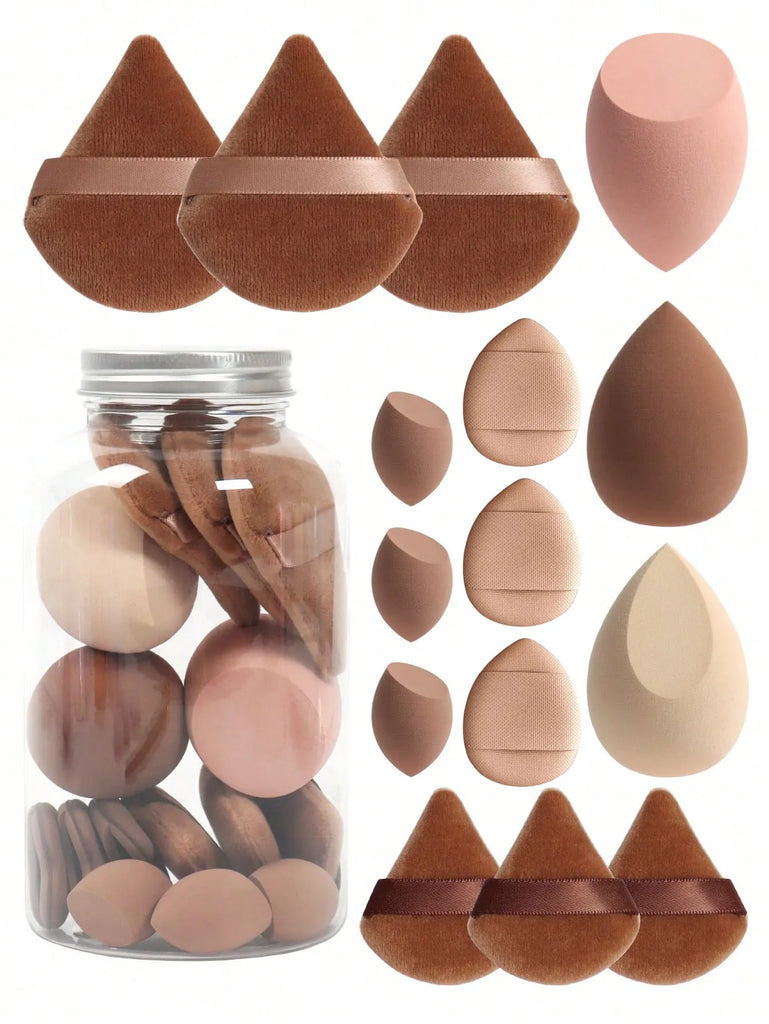 15pcs Makeup Sponge Set with Storage Jar – Powder Puff, Mini Finger Puff & Triangle Air Cushion Blenders