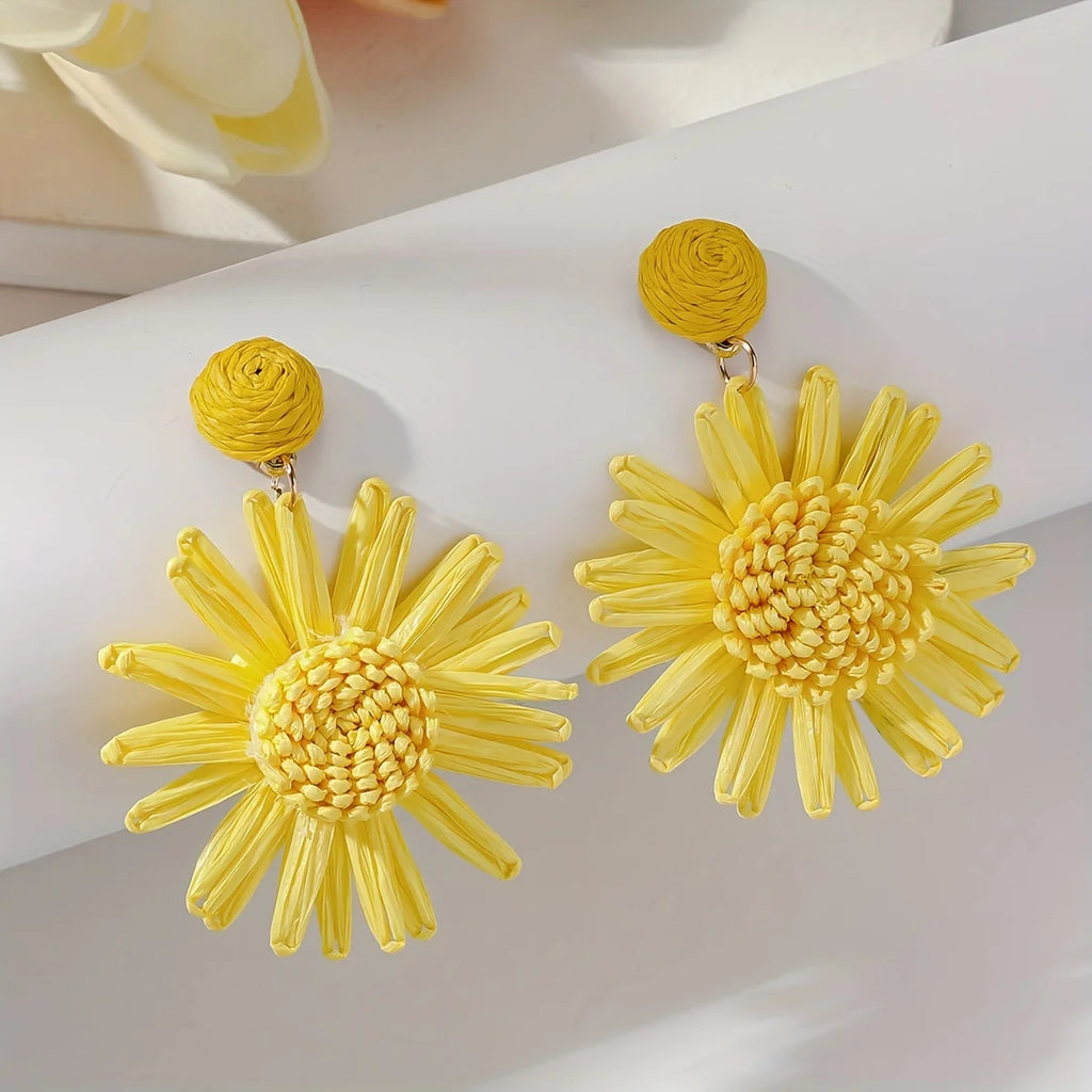 Bohemian vacation style hand-woven raffia sunflower droop earrings beach style multi-color fashion ladies special gift (1 pair)