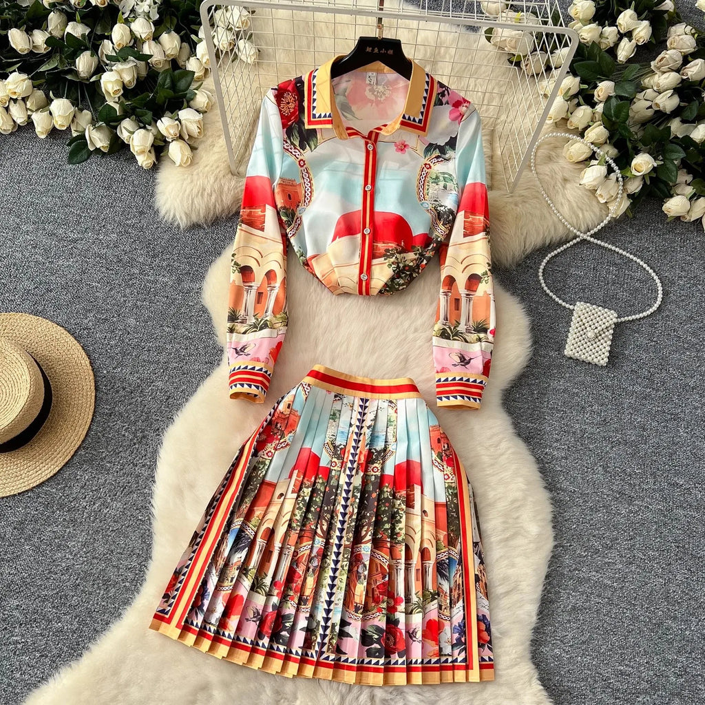 Summer Runway Holiday Gorgeous Flower Skirt Suit Long Sleeve Print Shirt Tops + Pleated Mini Skirt Women's 2 Piece Outfits Skirt