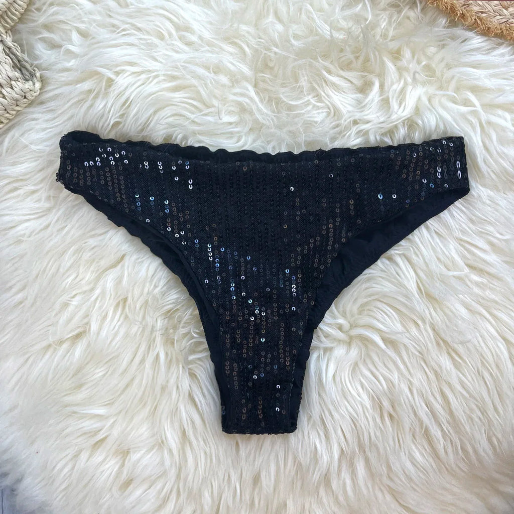 Melphieer Sequins Sparkle Bikini Set — Strappy Bandage Ruching Bum Two‑Piece Swimsuit for Beach, Pool & Holiday Outfits