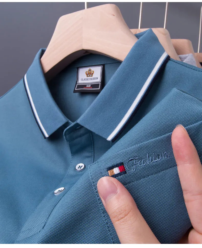 Top Grade Summer Short Sleeve Korean New Fashion Cotton Soft Pure Color Lapel Slim Fit Casual Tops Men's pocket Polo Shirts