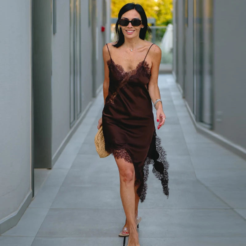 Women’s Lace Asymmetric Slip Dress – Sexy Backless Mini Dress | HXAO Summer 2025 Vestidos