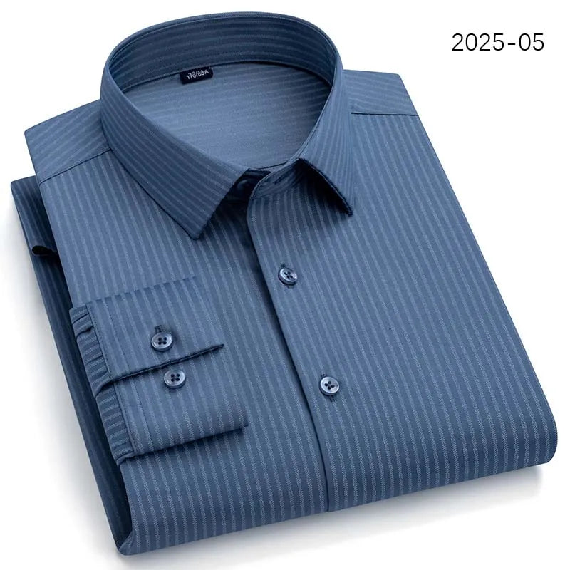 Men Long Sleeve Shirts Fashion Print Plaid Wrinkle Resistant Non Ironing Stripe Man Clothing Casual Smart Business Dress Shirts