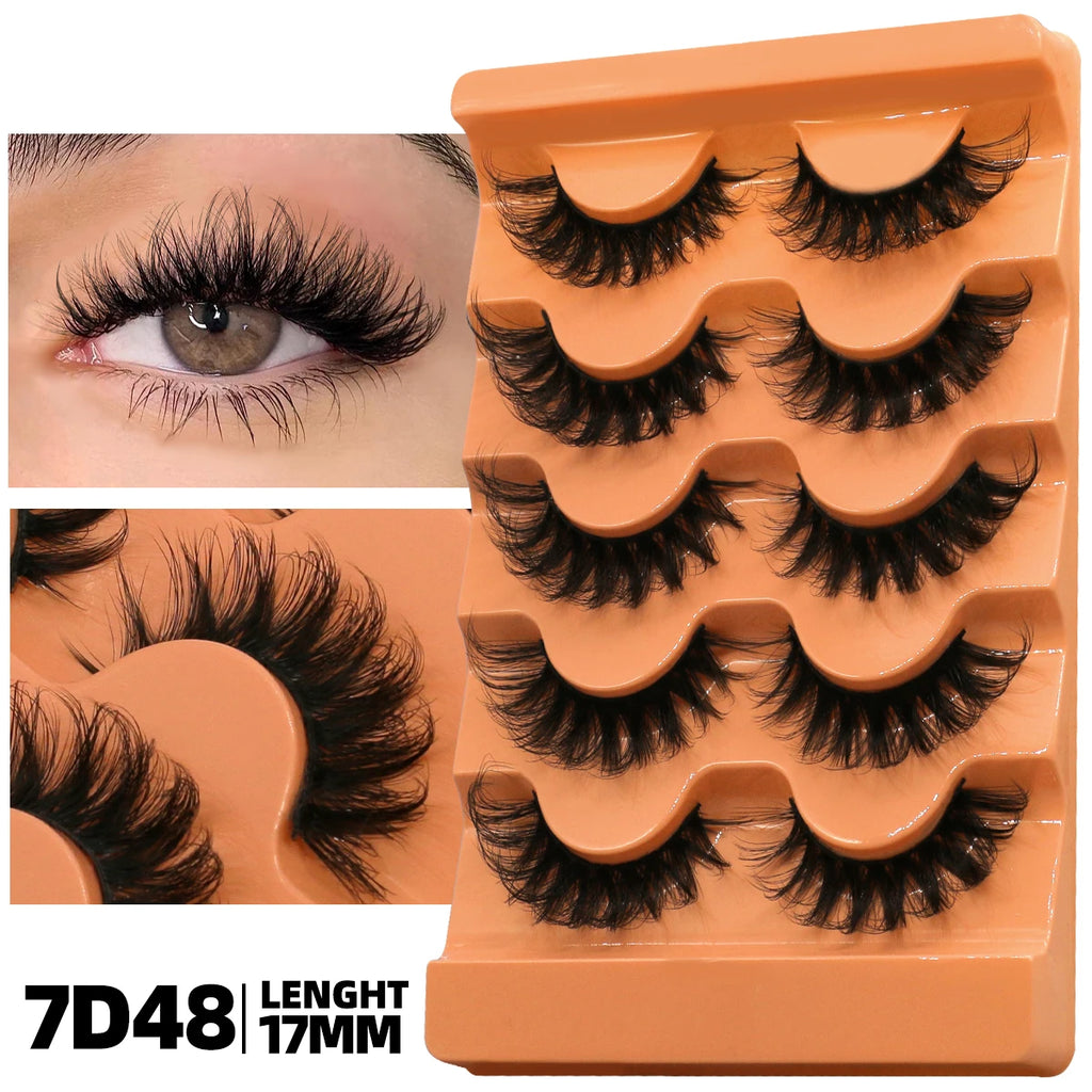 GROINNEYA Fluffy Lashes 5 Pairs D Curl 3D Mink False Eyelashes Thick Volume Russian Strip Lashes Mink Lashes Faux Natural Fake L