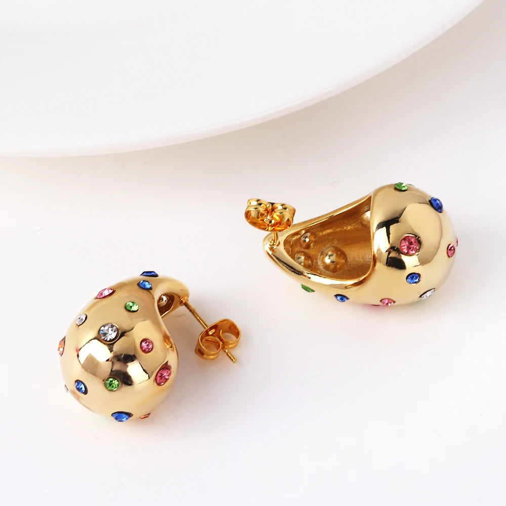 Waterproof 18K PVD Gold Teardrop Stud Earrings — Stainless Steel Inlay Bead Elegant Drop Earrings for Women