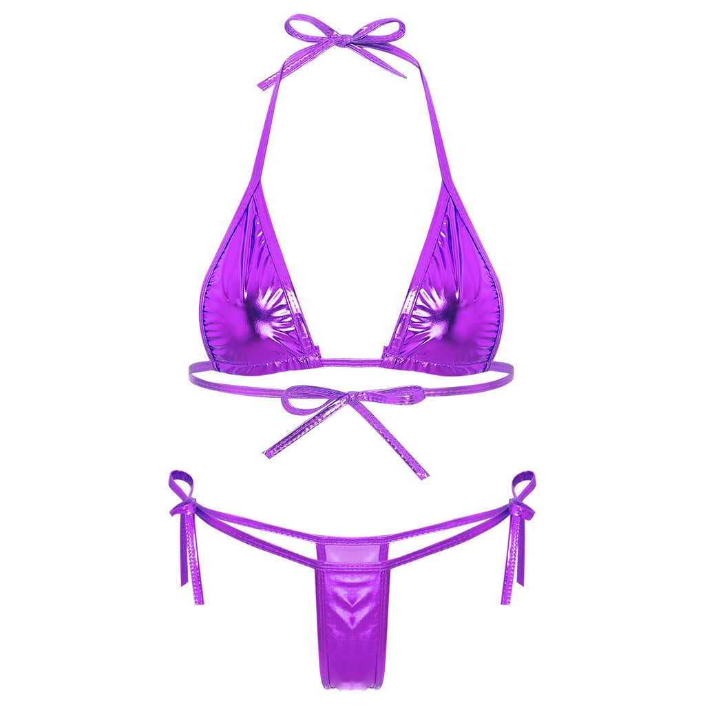 Women’s Metallic Shiny Bikini Set – Lacing Brazilian Micro Swimsuit with Triangle Top & G‑String Bottoms