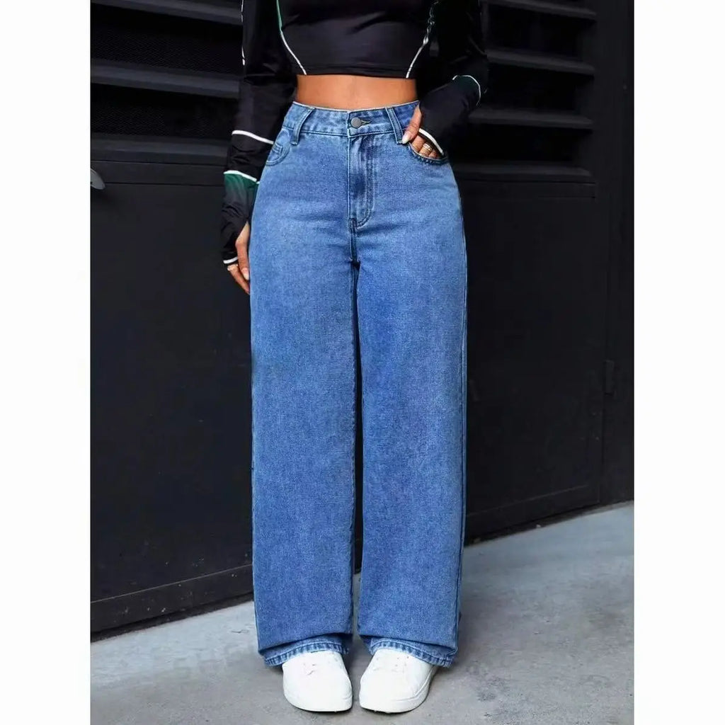 Trendy Washed High-Waisted Straight-Leg Jeans Women with Large Front & Back Pockets for Daily Casual Versatile Lady Jeans ‌