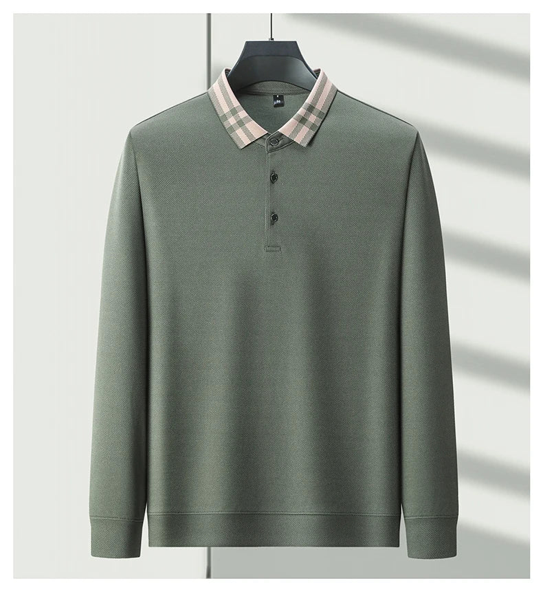 Men’s Light‑Luxury Long‑Sleeve Striped Polo Shirt