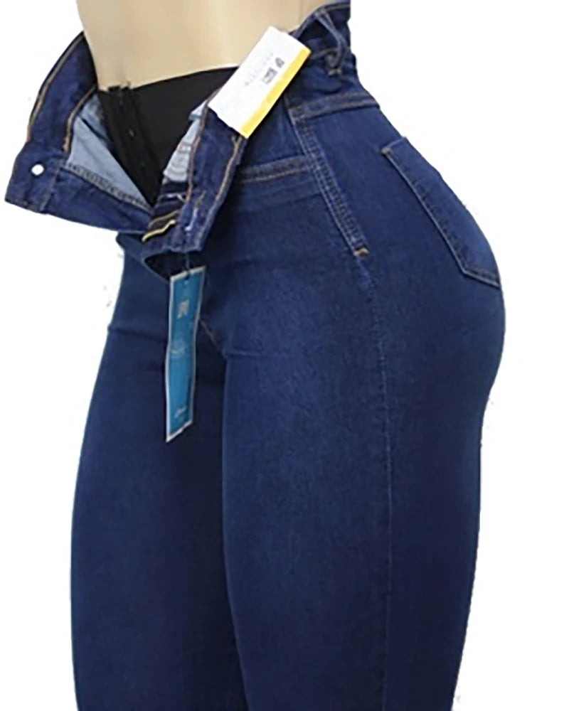 Women Jeans High Waist With Super Lipo Spandex Tummy Squeeze Slimming Waist Tight Denim Pants With Zipped