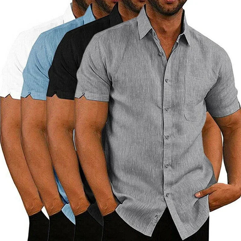 Men’s Cotton‑Linen Summer Shirt – Solid Short‑Sleeve Turn‑Down Collar Casual & Beachwear Top