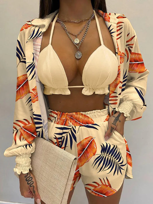 Women’s 2024 High‑Waist 3‑Piece Bikini Set – Printed Swimsuit with Shorts Cover‑Up Summer Beachwear