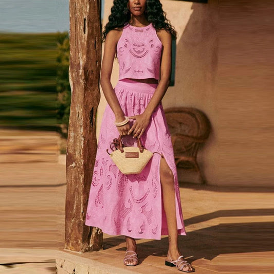 Summer Casual Loose Vacation Side Split Sets Fashion Hollow Out Sleeveless Tops+Half Skirt Suit Elegant Solid Embroidery 2PC Set