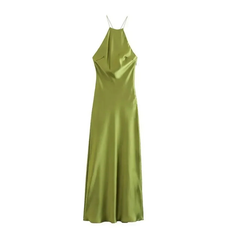 New Spring Summer Women's Maxi Dress Satin Feeling Sleeveless Dress Fashion Style Banquet Sexy Dresses Evening Female Clothing