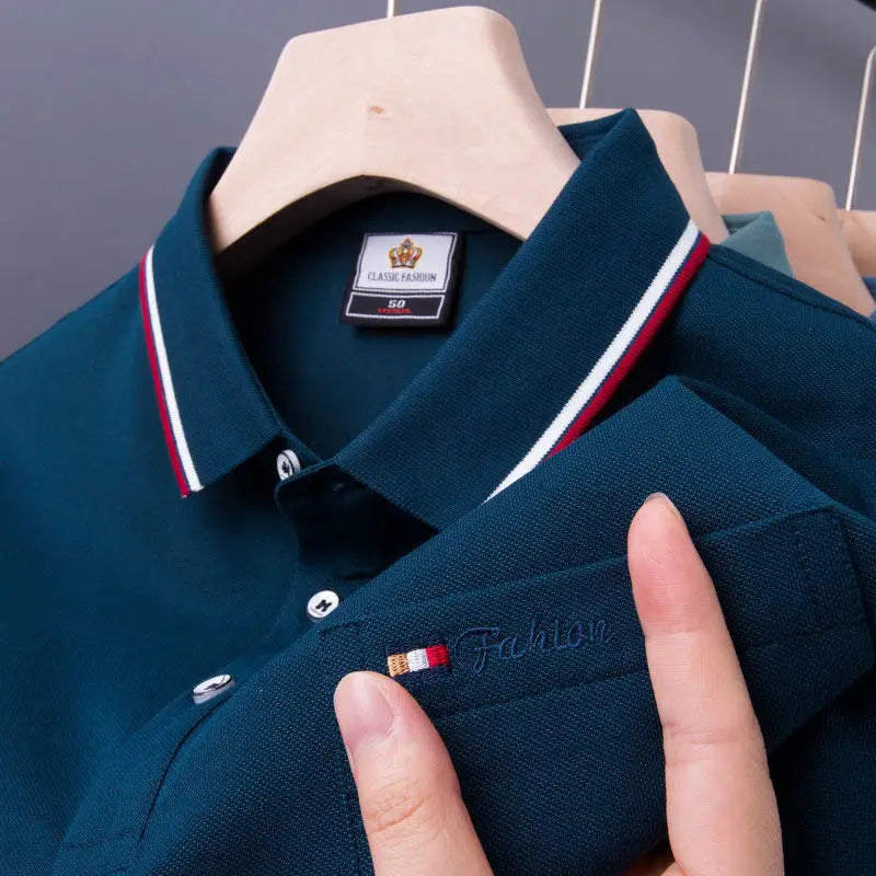 Top Grade Summer Short Sleeve Korean New Fashion Cotton Soft Pure Color Lapel Slim Fit Casual Tops Men's pocket Polo Shirts