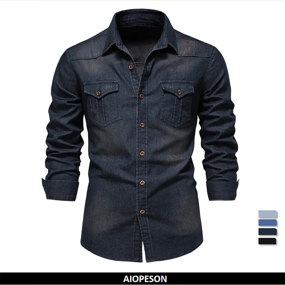 Men’s Elastic Cotton Denim Shirt – Slim‑Fit Long‑Sleeve Cowboy Western Casual Top | AIOPESON Designer Style