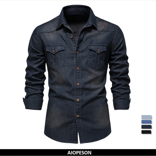 Men’s Elastic Cotton Denim Shirt – Slim‑Fit Long‑Sleeve Cowboy Western Casual Top | AIOPESON Designer Style