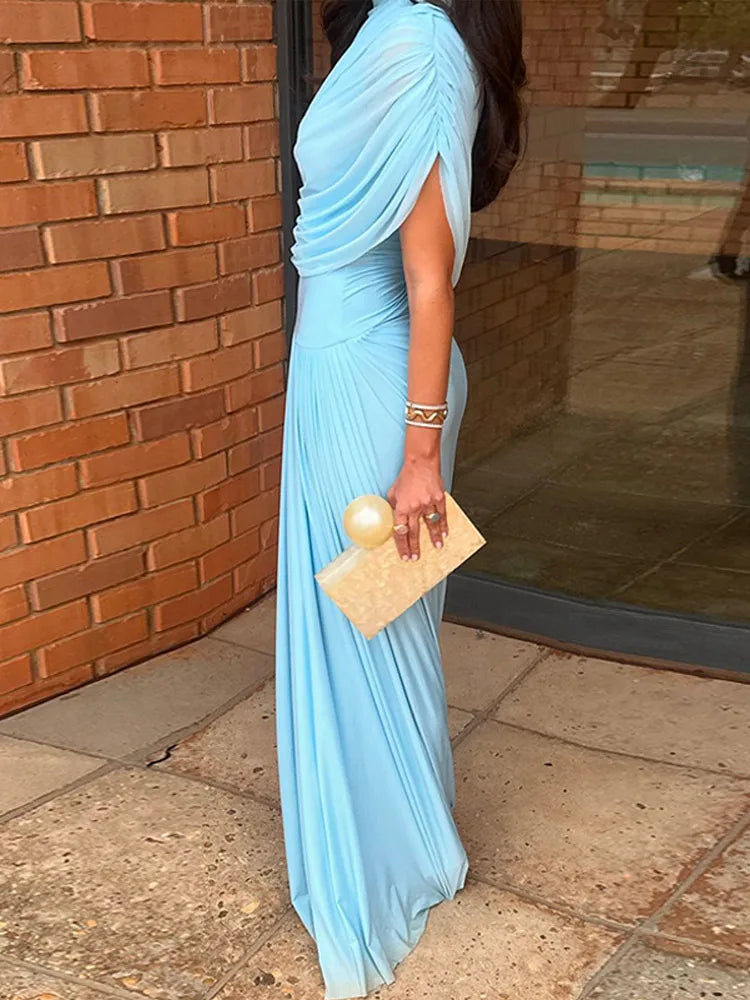 Irregular Shawl Blue Maxi Dress – Women’s 2025 Slim‑Fit Turtleneck Pleated Evening Party Dress