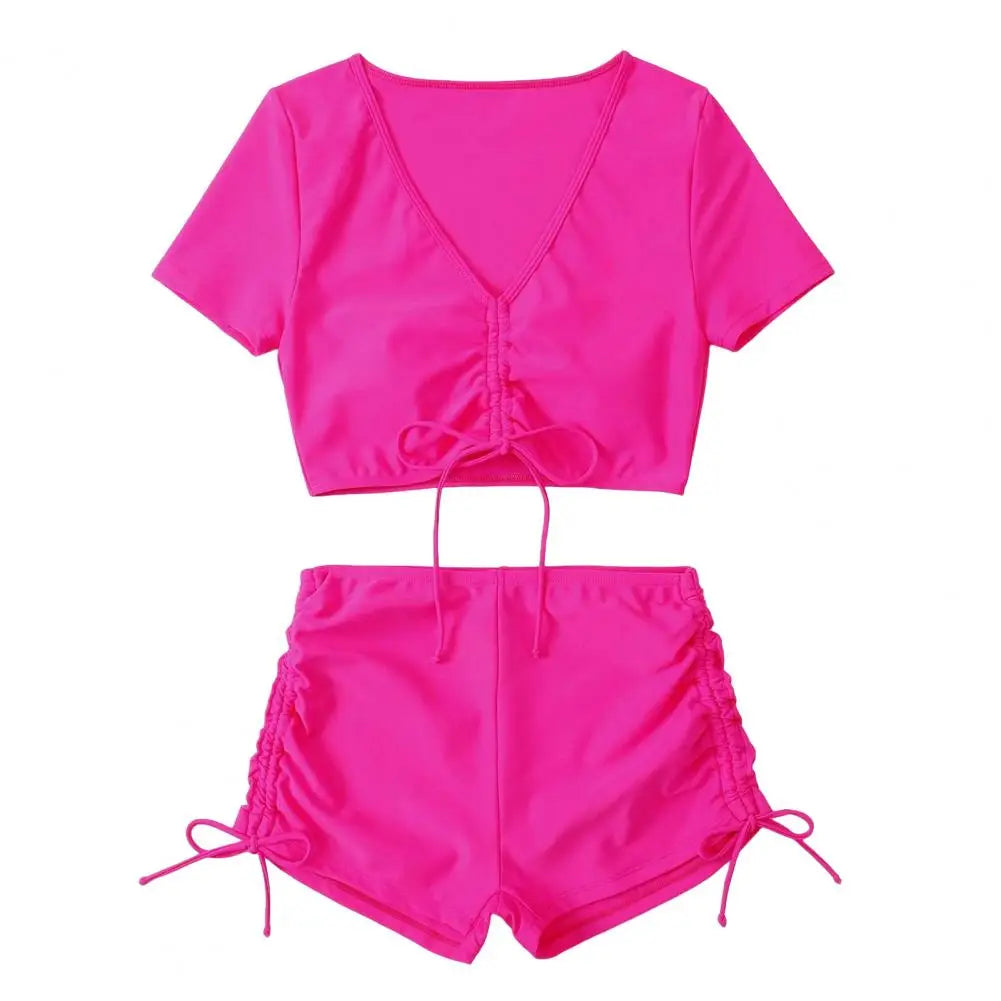 Solid Color Swimwear Stylish Women's Summer Bikini Set with V-neck Short Sleeve Tops High Waist Drawstring Swimming for Beach