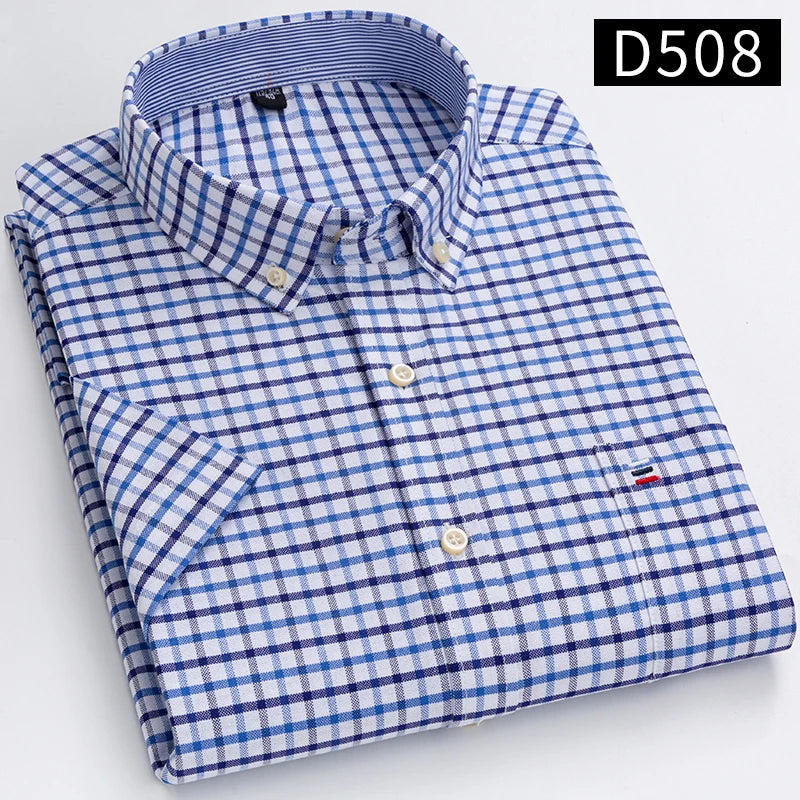 Men’s 100% Cotton Oxford Short‑Sleeve Shirt – Breathable Summer Plaid/Striped Business Casual (Regular/Oversized Fit)