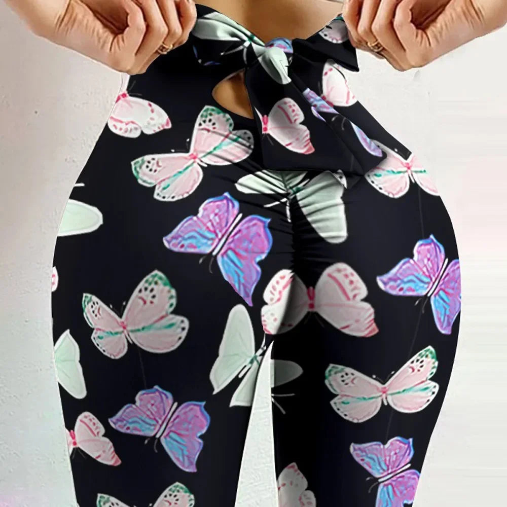 High Waist Butterfly Printed Bowknot Leggings for Women