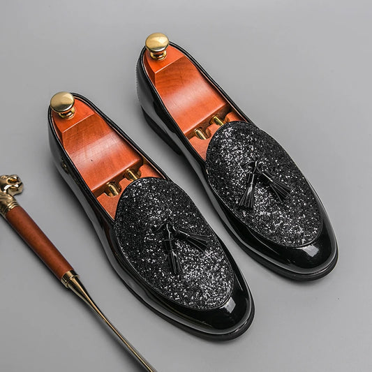 New Arrival Men's Fashion Patent Leather Sequin Tassel Dress Business Office Shoes Male Charm Wedding Party Prom Flats Footwear
