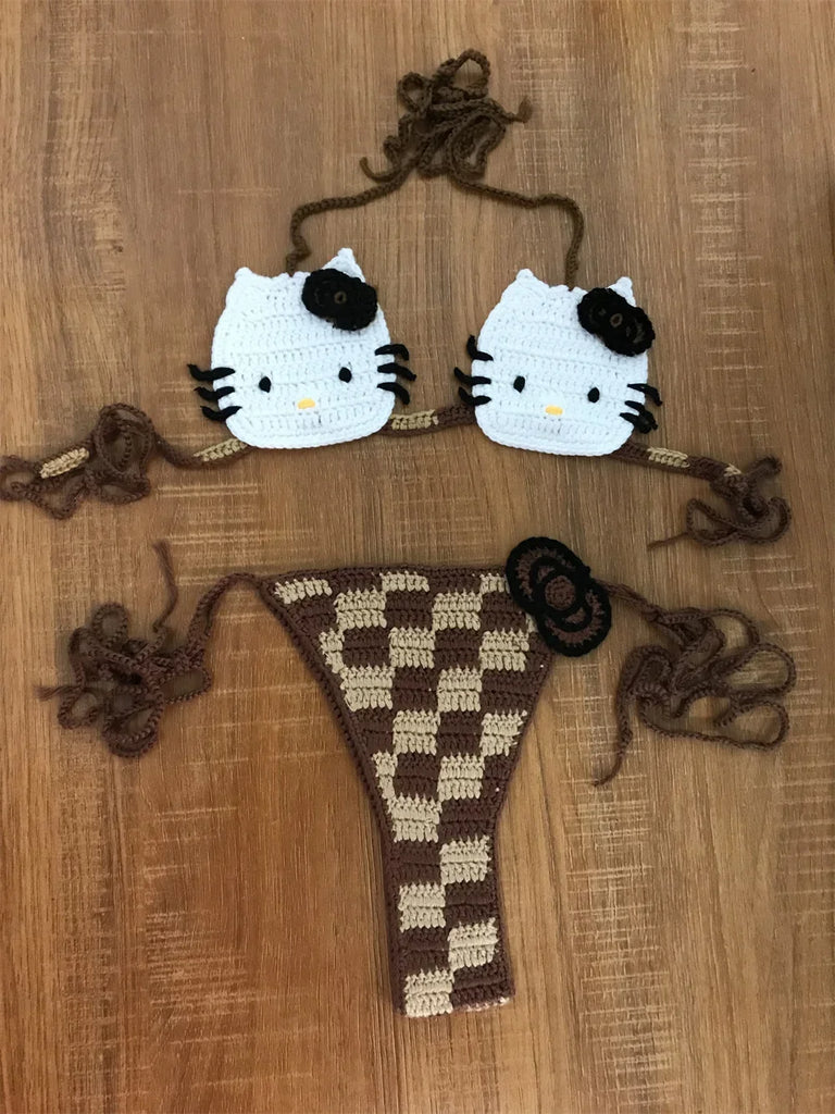 Lady's Cute Crochet Bikini Set 2 Pieces Bathing Suit Sexy Micro Bikinis 2024 Ties Swimsuit Thong Swimwear Women Swimming Suit