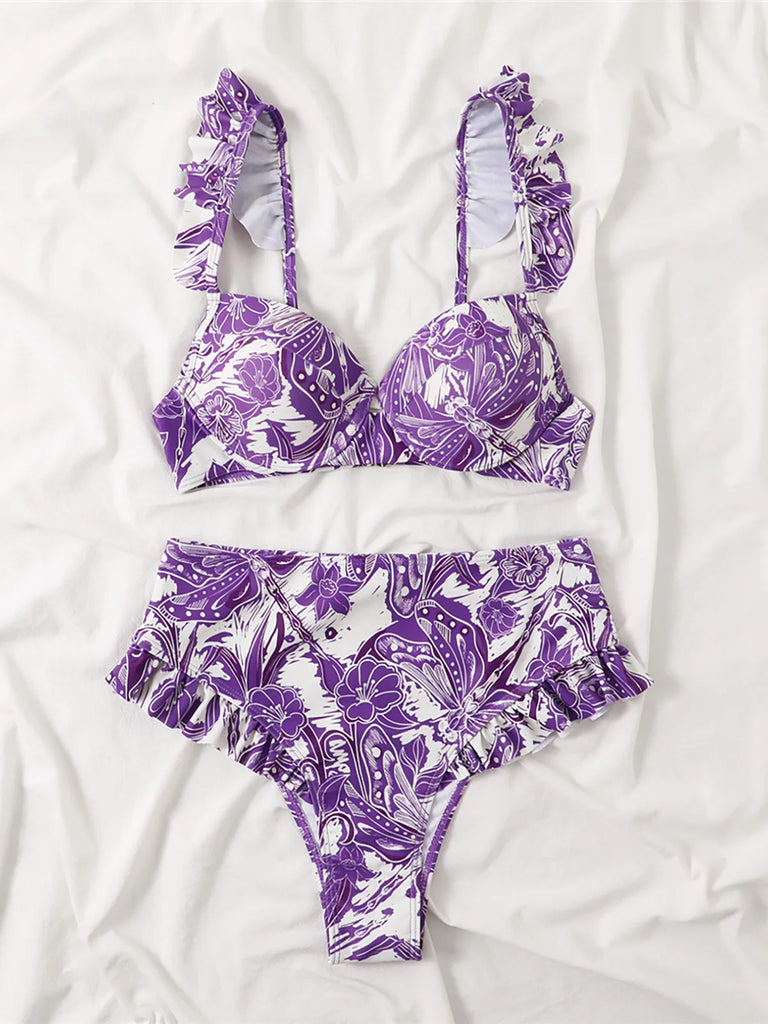 S- XL Printed Underwired Female Swimsuit High Waist Bikini Women Swimwear Three-pieces Bikini set Bather Bathing Suit Swim V4106