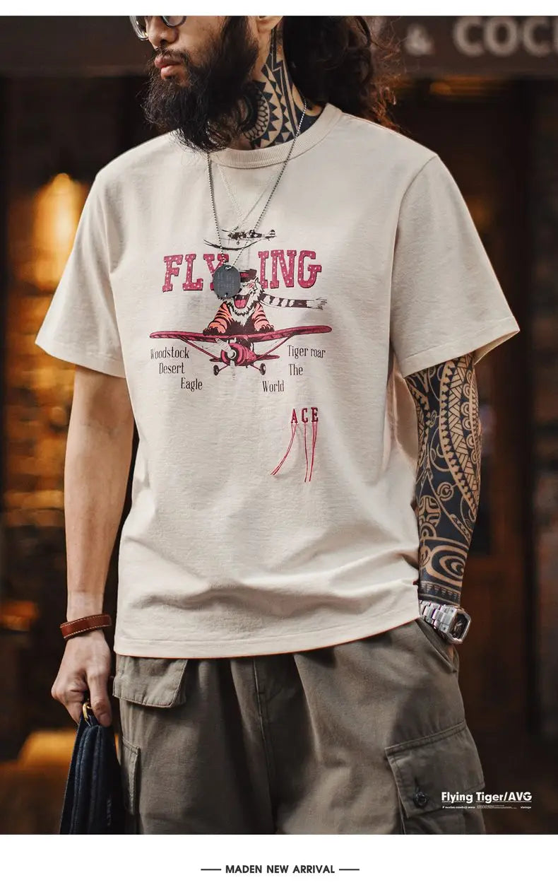 Maden Retro Tiger Print Short Sleeve T-Shirt Men's Summer Loose Apricot Round Neck Tee Embroidered Letter Fringe Casual Tops
