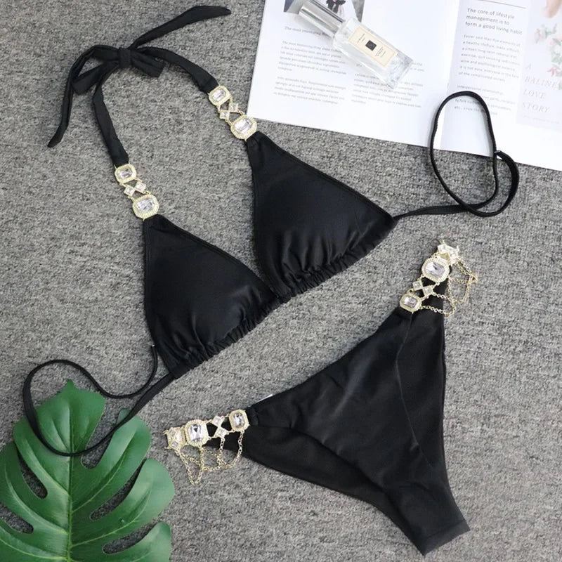 Women’s 2026 Rhinestone Diamond Bikini – Halter Chain Two‑Piece Swimsuit, Sexy Shiny Brazilian Swimwear