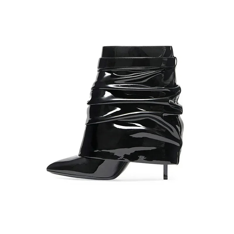 New Women's Leather Ankle Boots with Metal Buckle, Pointed Toe & Slender High Heel - Wide Shaft Short Bare Boots