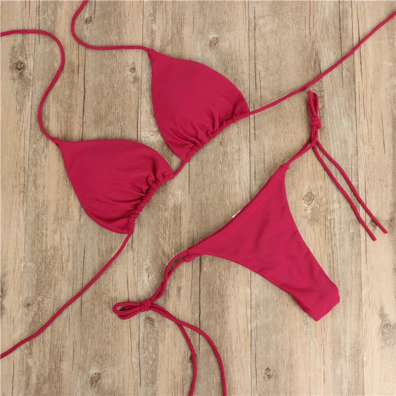 Women’s 2025 Solid Halter Triangle Bikini – Two‑Piece Thong Swimsuit for Summer Beachwear