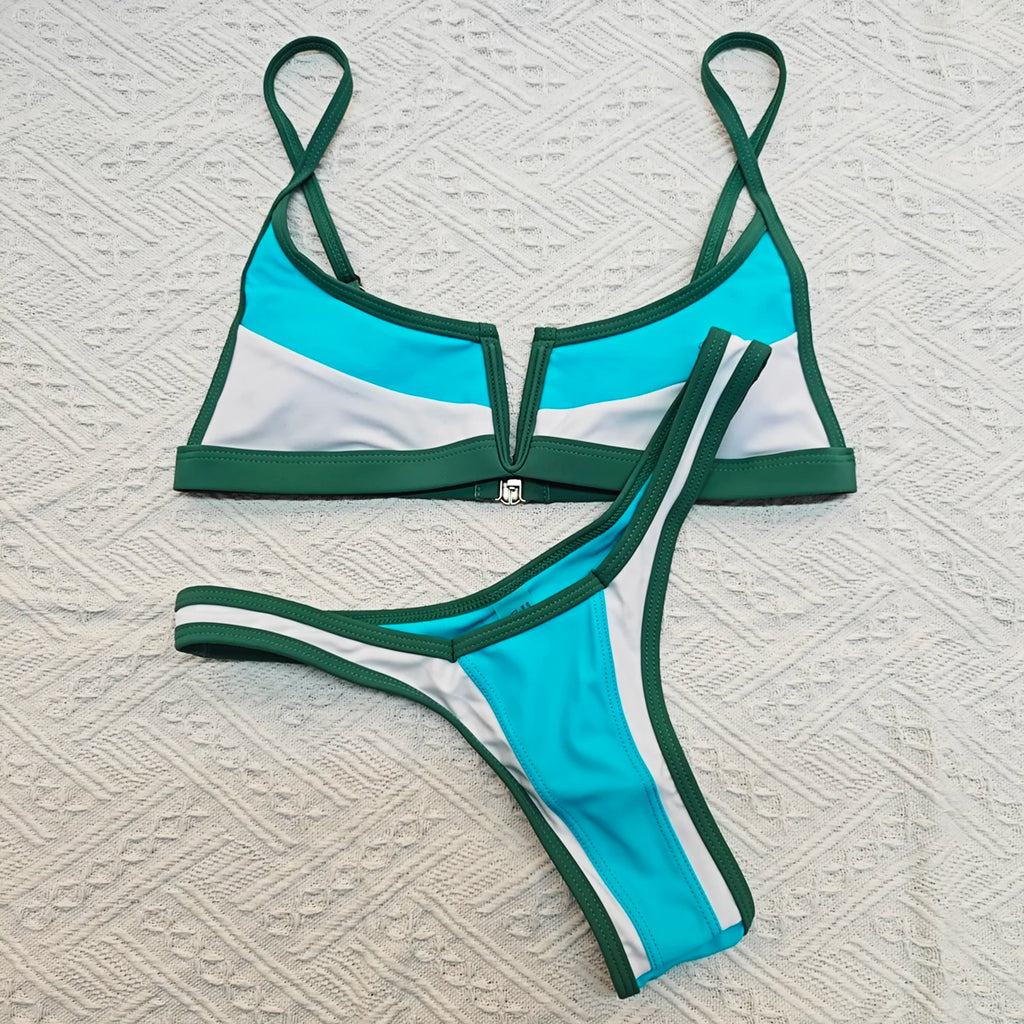 Vintage Retro Bikini Patchwork Swimsuit Thong Brazilian Sexy Swimwear Female 2024 New Summer Micro V-bar Green Bathing Suits