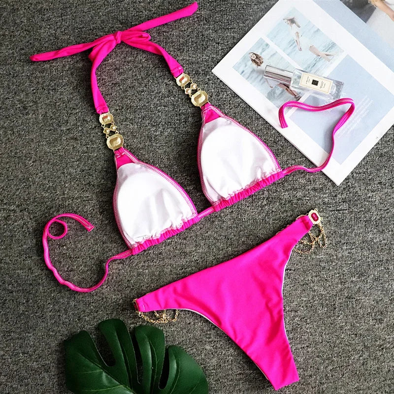 Women’s 2026 Rhinestone Diamond Bikini – Halter Chain Two‑Piece Swimsuit, Sexy Shiny Brazilian Swimwear