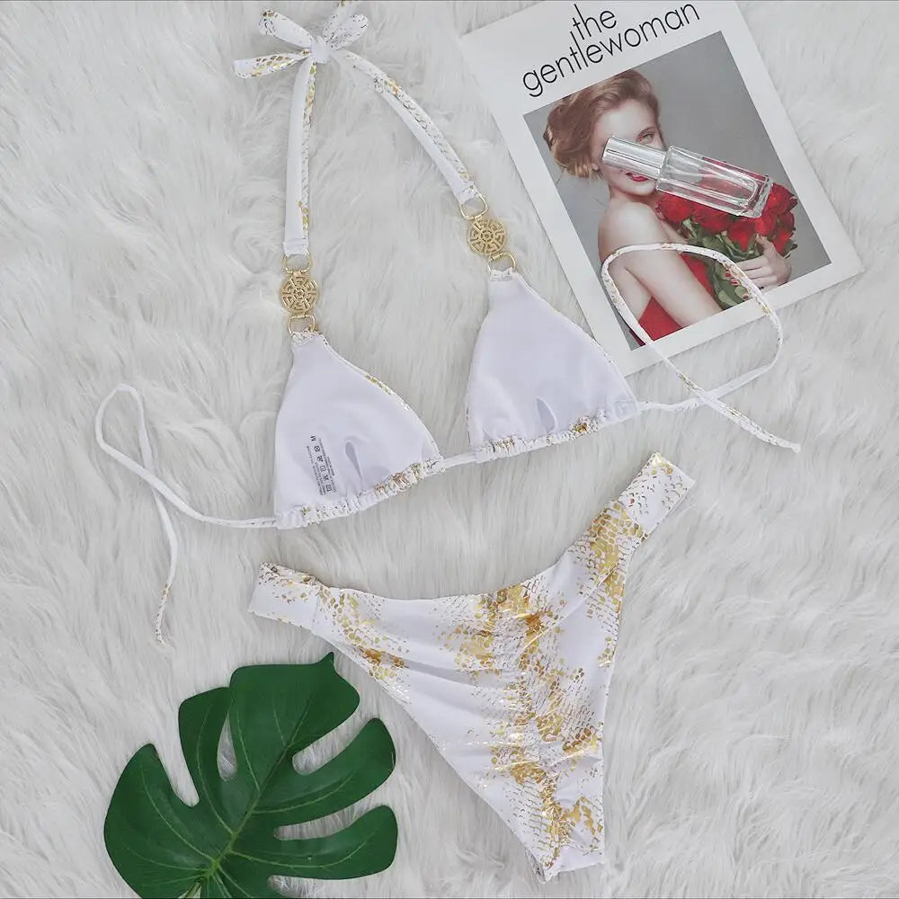 Women’s 2026 White Snake‑Skin Rhinestone Micro Bikini – Luxury Brazilian Push‑Up Thong Swimsuit