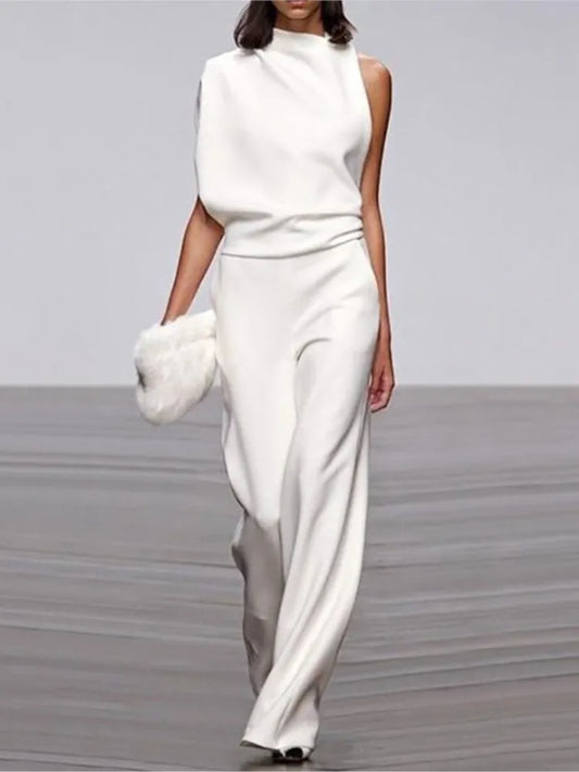 Solid Color Irregular Sleeveless Jumpsuits Women Fashion Temperament Sexy Backless Folds Slightly Flared Jumpsuit Female 2025