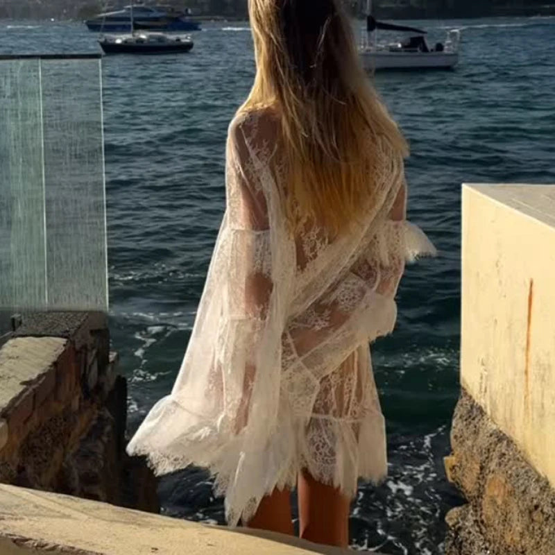 Transparent Sexy Solid Color Bikini Covers Women Embroidery Turtleneck Swing Mini Dress 2025 Long Sleeved Lace Top Streetwear