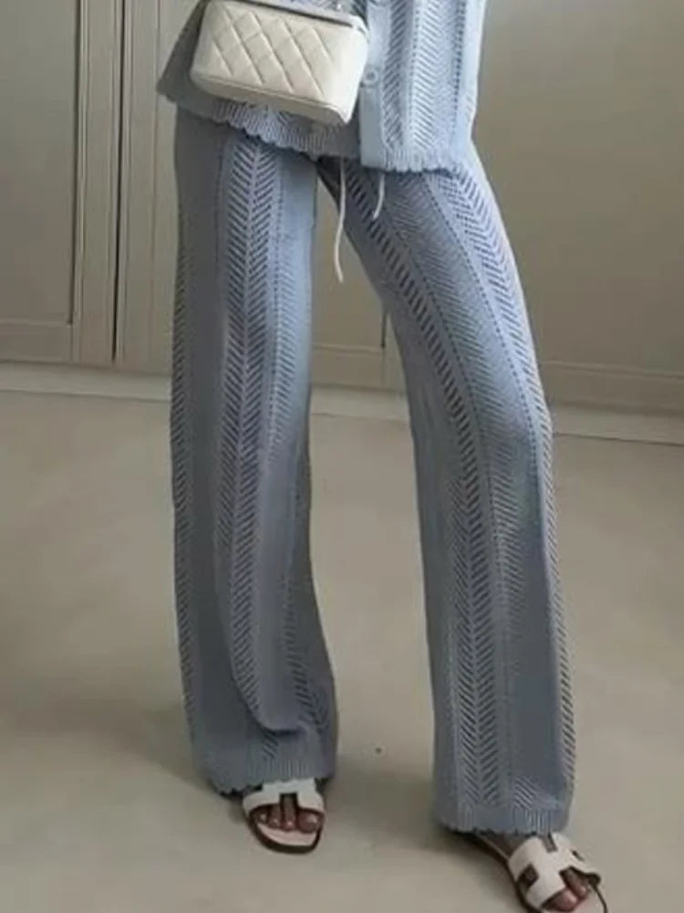 Fashion Hollow Out Knitted Long Pants Sets For Women Solid Single Breasted Short Sleeved Sweater Wide Leg Trouser 2 Pieces Suit