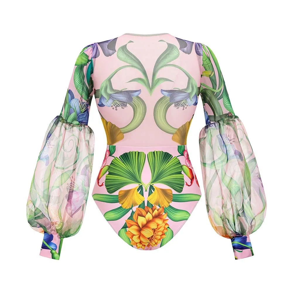 Women’s 2026 V‑Neck Long‑Sleeve Bikini Set – Printed Two‑Piece Swimsuit with Maxi Skirt Cover‑Up