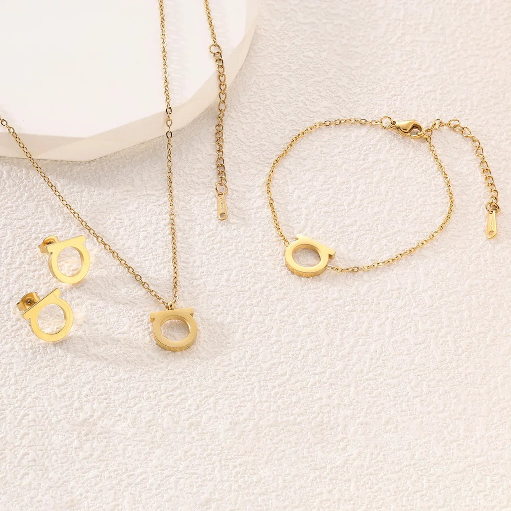 Titanium Steel Minimalist D-Shaped Necklace Bracelet Earrings Set, Plated Women's Collarbone Chain, Personalized Trendy Style