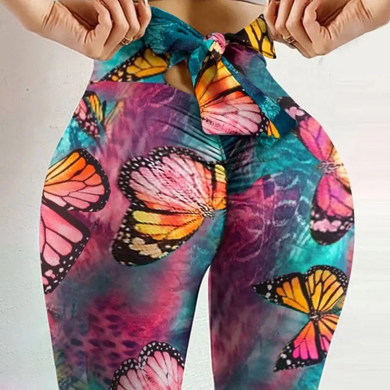 High Waist Butterfly Printed Bowknot Leggings for Women