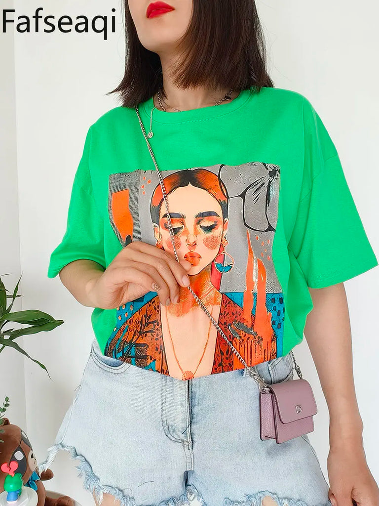 100% Cotton Women's Oversized T-shirts with Print Comics Tees Simple Short Sleeve Tops Summer Basic Soft T-shirt for Women 2023