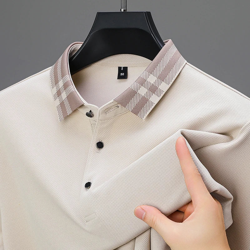 Men’s Light‑Luxury Long‑Sleeve Striped Polo Shirt