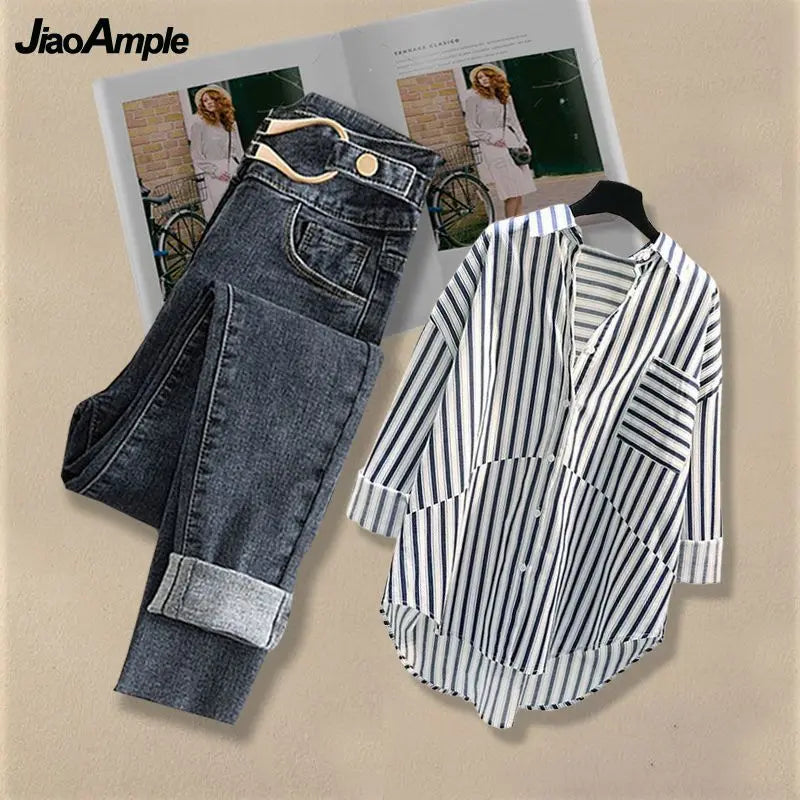 Women Spring/Summer New Matching Set 2025 Korean Elegant Striped Shirt Top+Jeans Two Piece Female Loose Blouse Denim Pants Suit
