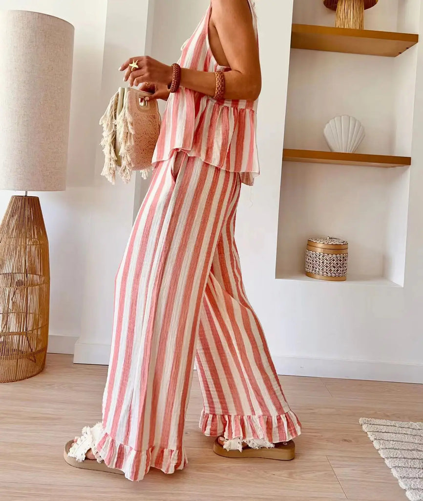 Stripe Lace Up Shirts Set Women Casual O-neck Sleeveless Hollow Out Blouse Vest Wide Leg Trousers 2-piece Sets Lady Beach Outfit