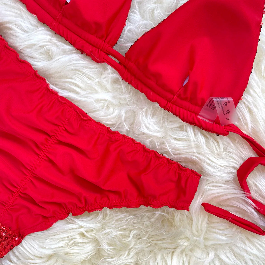 Melphieer Sequins Sparkle Bikini Set — Strappy Bandage Ruching Bum Two‑Piece Swimsuit for Beach, Pool & Holiday Outfits